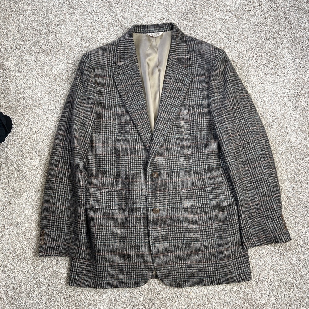 Vintage Hunt Valley Mens 42L Tweed Blazer Glen Check Wool USA Black Multicolored